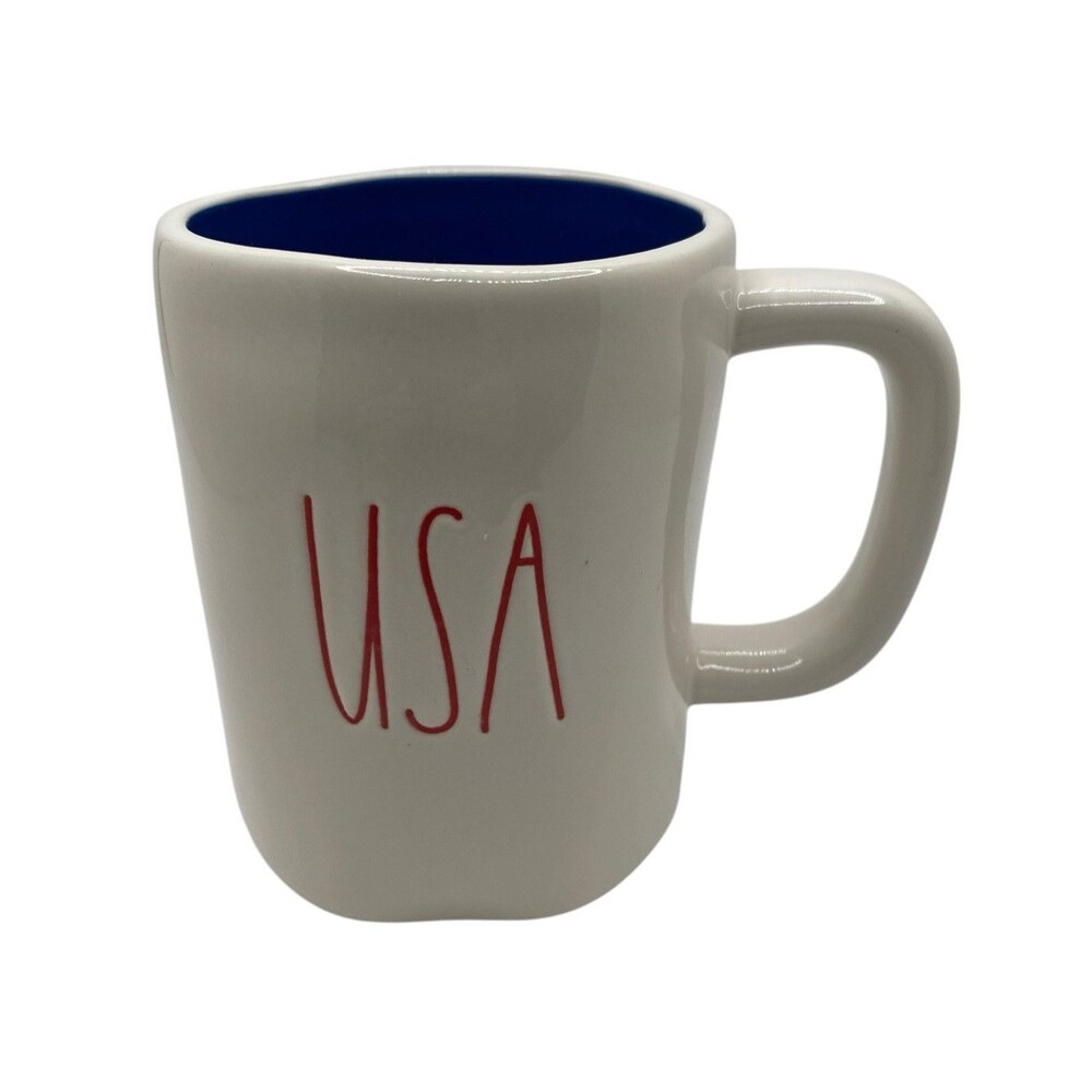 Rae Dunn Engraved USA Coffee Cup Mug Blue Interior Patriotic July 4th Memorial